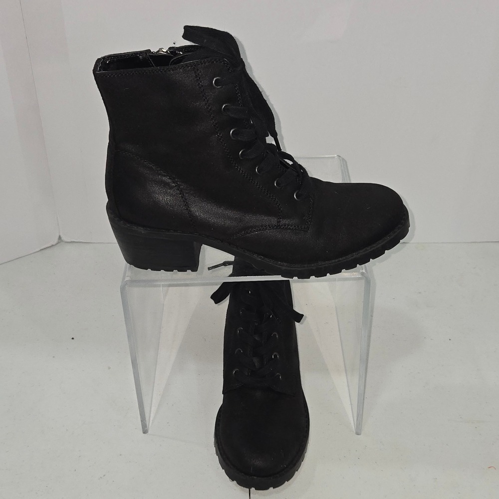 American Eagle Women Black Lace Up Combat Boots Side Zip Lug Sole Heel Size 7